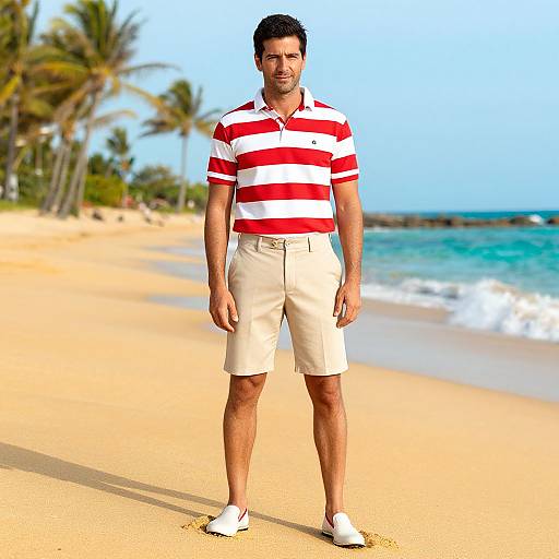 Photograph of a smiling man in red-and-white striped polo and beige shorts standing on a sunny, palm-lined beach with turquoise waves.