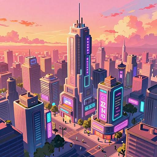 Digital illustration of a vibrant, neon-lit cityscape at sunset. Tall skyscrapers with glowing signs dominate the foreground, with scattered pedestrians on the