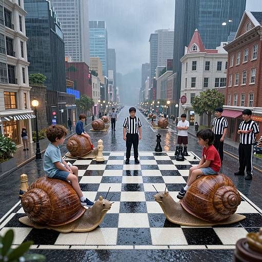Photorealistic mural of children playing chess on a rainy city street with giant snails, flanked by striped-shirt referees, surrounded by skyscrapers