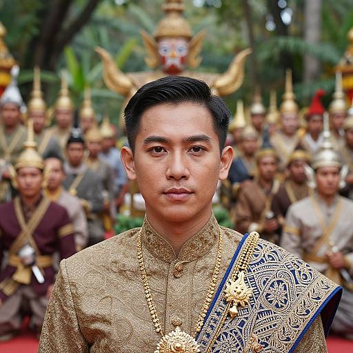 Photograph of a serious Asian man in ornate gold traditional attire with intricate patterns, standing in front of a blurred crowd of similarly dressed men, with