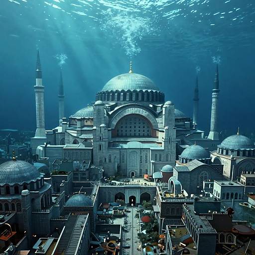Digital artwork of an underwater mosque with blue-tinted domes and minarets, sunbeams piercing the water, surrounded by smaller buildings.