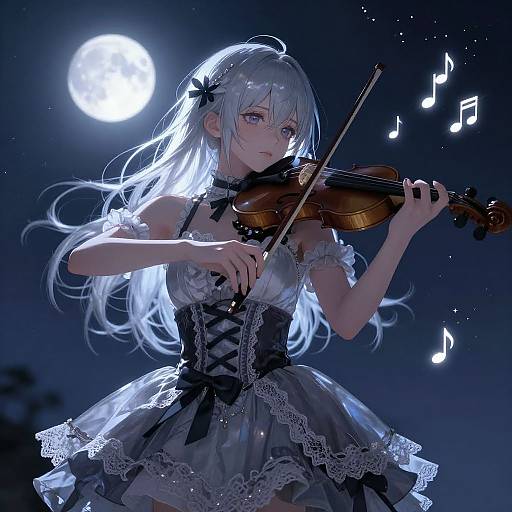 Anime-style digital drawing of a silver-haired girl in a black and white lace dress, playing violin under a full moon, with musical notes floating around her