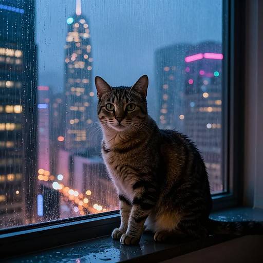 Photograph of a tabby cat with green eyes sitting on a windowsill, gazing out at a rainy cityscape with blurred, colorful lights from