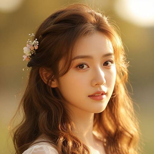 Photograph of an Asian woman with long, wavy brown hair, wearing a floral hair accessory, softly lit by sunlight, with a serene expression.