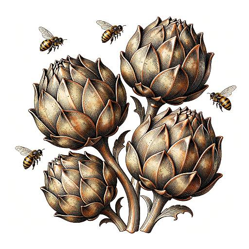 Engraved Artichoke Blossoms with Bees