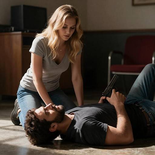 Sunlit Scene: Woman Kneeling by Gun