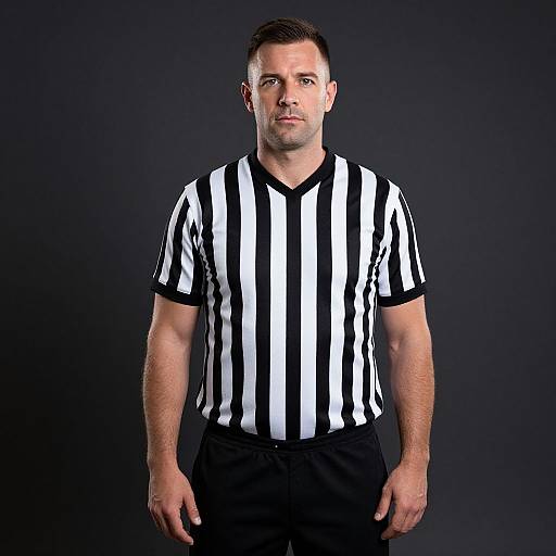 Photograph of a muscular, short-haired man with fair skin, wearing a black-and-white striped referee shirt, standing against a dark background.