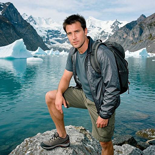 Photograph of a fit, short-haired man with fair skin, wearing a grey shirt, khaki shorts, and black hiking shoes, standing on a