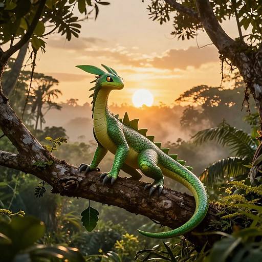 Digital artwork of a vibrant green, spiked dragon with bright red eyes perched on a tree branch during a golden sunset in a dense, misty jungle