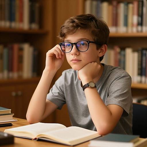 Thoughtful Teen Boy in Cozy Library