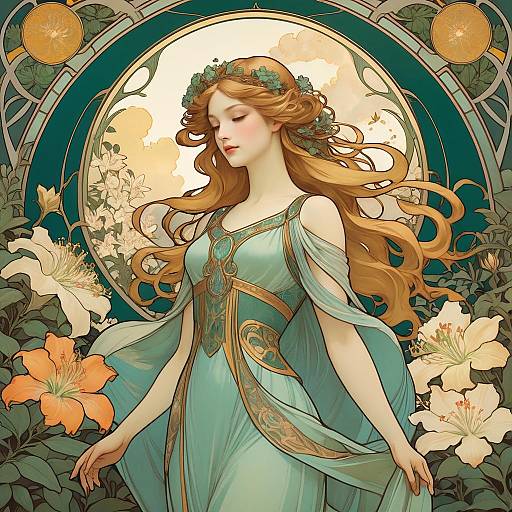 Art Nouveau Woman in Azalea Garden