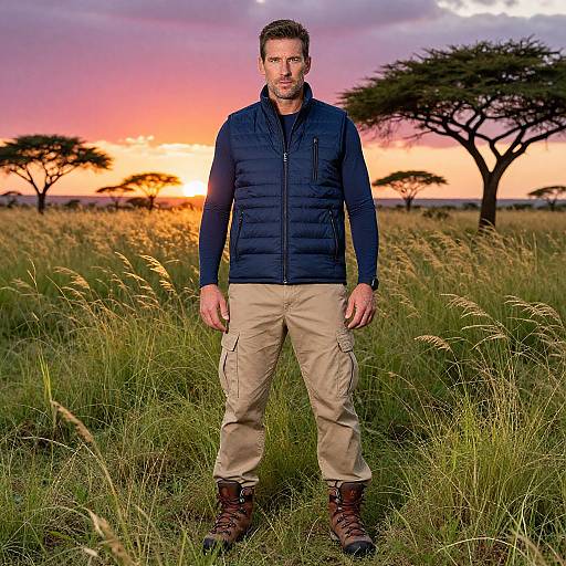 Photograph of a bearded man with short brown hair, wearing a navy puffer jacket, beige cargo pants, and brown boots, standing in a