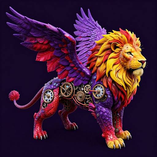 Digital artwork of a vibrant, mythical lion with purple wings, red and yellow mane, and metallic gears on its body, set against a dark blue background