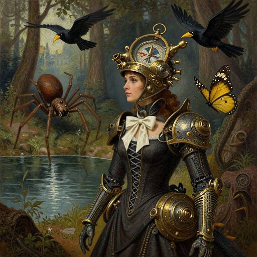 Digital art of a medieval fantasy scene: armored woman with ornate helmet, black dress, white bow, surrounded by spiders, black birds, and a