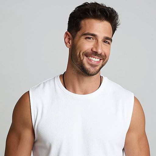 Photograph of a smiling, muscular man with short black hair, light stubble, wearing a white sleeveless tank top against a plain white background.