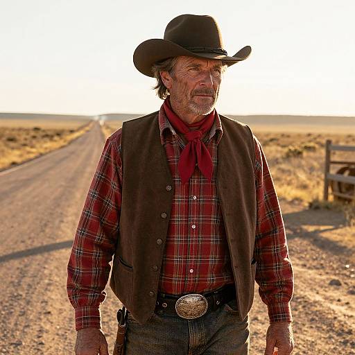 Photograph of a rugged, older white man in a black cowboy hat, red plaid shirt, brown vest, and red scarf, standing on a