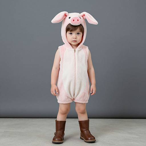 Photograph of a toddler in a pink bunny-themed onesie with white ears, standing against a gray background, wearing brown boots.