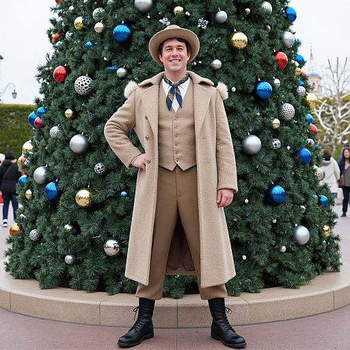 Photograph of a smiling man in vintage tan suit, long coat, bow tie, and hat, standing in front of a decorated Christmas tree.