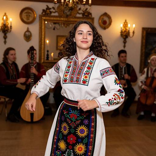 Photograph of a curly-haired woman in a white embroidered blouse and black floral skirt, dancing in a warmly lit, ornate room with musicians in the