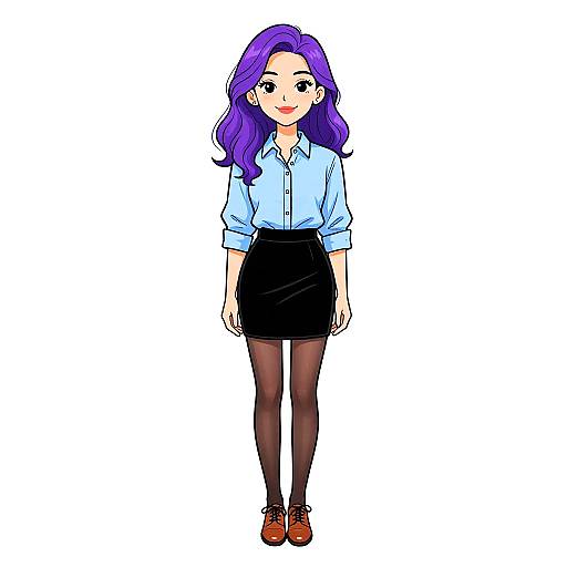 Digital anime-style drawing of a smiling woman with purple hair, wearing a blue shirt, black skirt, black tights, and brown shoes.
