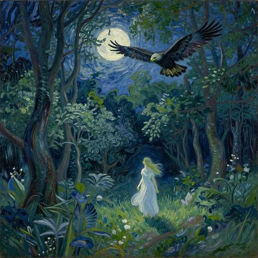Magical forest scene at night, illuminated by full moon; a white-clad figure stands amidst lush greenery, while a majestic eagle soars overhead