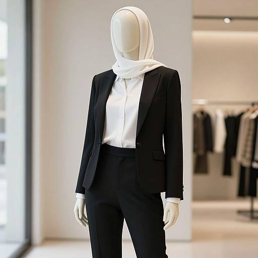 Photograph of a white-faced mannequin wearing a black blazer, white shirt, black pants, and white hijab, standing in a bright