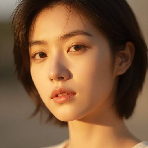Photograph of an Asian woman with short black hair, soft golden sunlight highlighting her smooth, fair skin, and serene expression.