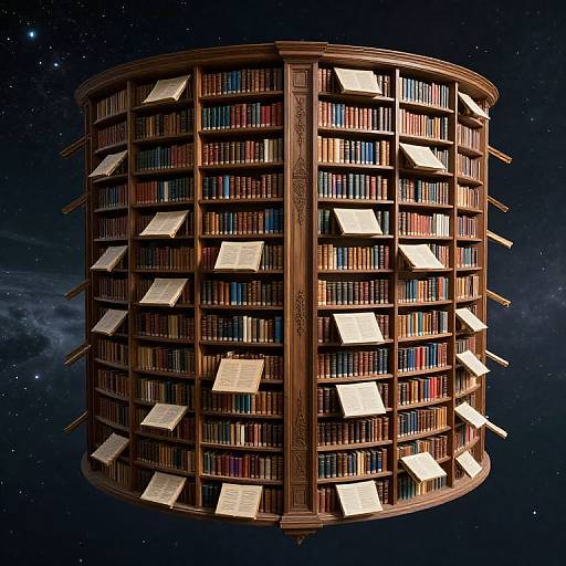 Floating cylindrical library in space with rows of books and open white pages, set against a starry background. Digital art.