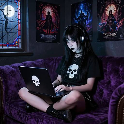Gothic girl with black hair, headphones, skull shirt, and shorts, sits on a purple couch typing on a skull laptop, surrounded by dark