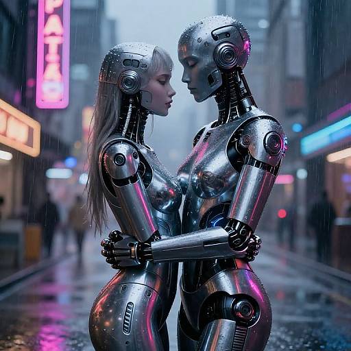 CGI image of two metallic female humanoid robots, embracing intimately in a neon-lit, rainy urban alley at night.