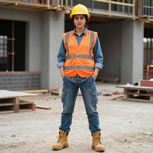 Photograph of a young woman in a yellow hard hat, orange safety vest, blue denim shirt, and jeans, standing on a construction site with hands