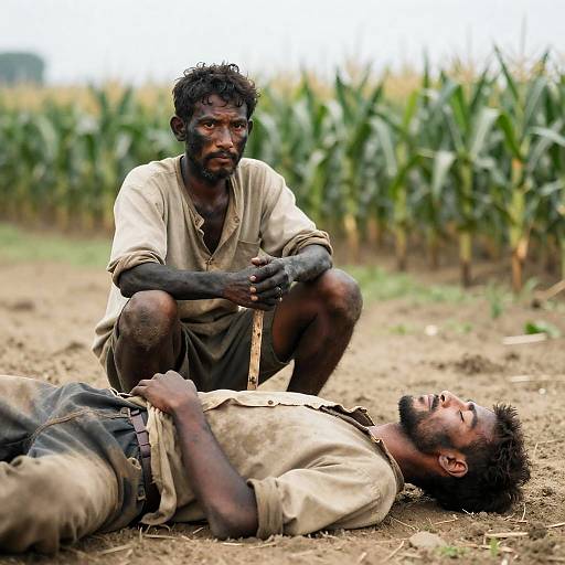 Two exhausted farmers in dusty cornfield