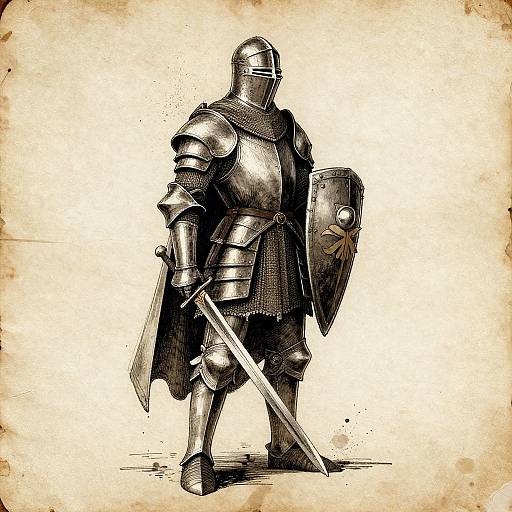 Sepia-toned digital drawing of a medieval armored knight, standing with sword in right hand and shield in left, on aged parchment background.