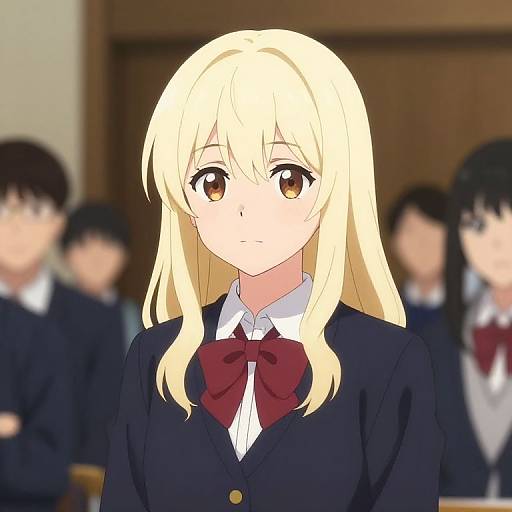 Anime-style digital illustration of a blonde girl with brown eyes, wearing a black school blazer and red bow tie, standing in a blurred classroom with other