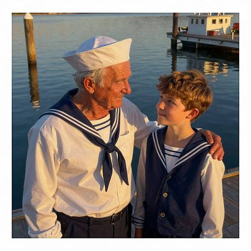Photograph of an elderly white sailor with gray hair and a young white boy with brown hair, both in navy sailor uniforms, standing on a dock with