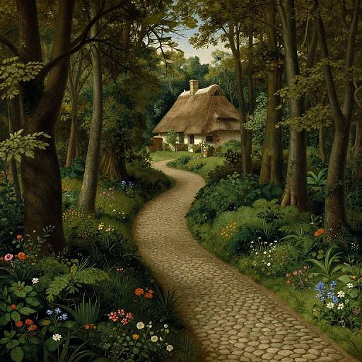 Enchanting fairy tale forest with a winding cobblestone path leading to a charming, thatched-roof cottage nestled among lush greenery and vibrant
