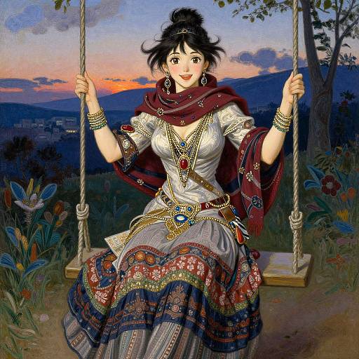 Digital painting of a smiling Asian woman with black hair, wearing a patterned dress, red scarf, and jewelry, sitting on a wooden swing at sunset