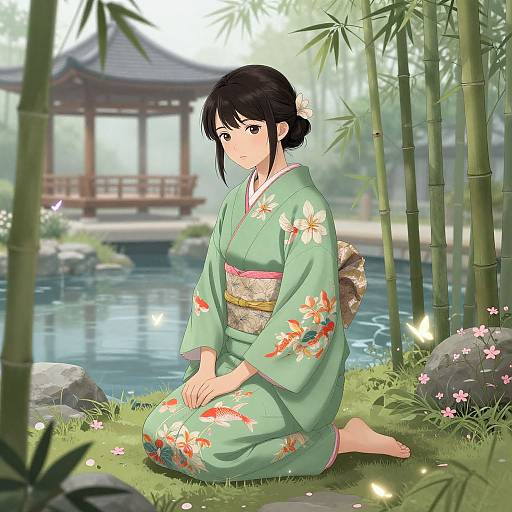 Digital anime-style illustration of a young Japanese woman with black hair, wearing a green floral kimono, kneeling by a tranquil pond in a bamboo forest,