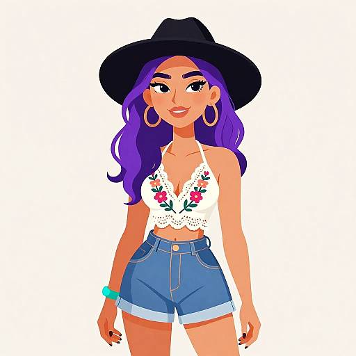 Digital illustration of a stylish woman with purple hair, wearing a black hat, white lace crop top, blue high-waisted shorts, and large hoop