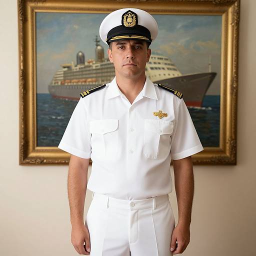 Photograph of a serious male naval officer in white uniform with black epaulettes, standing in front of a framed painting of a large ship on