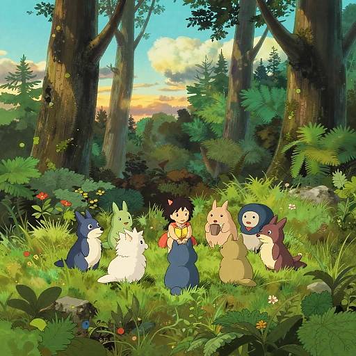 Digital anime-style forest scene with six anthropomorphic animals and a child in overalls surrounded by vibrant greenery and colorful flowers.