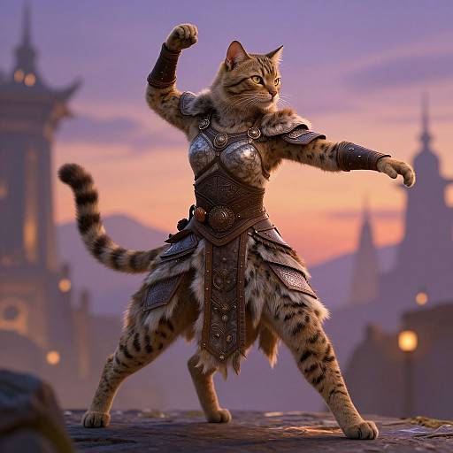 Digital illustration of a fierce, armored, anthropomorphic tabby cat warrior striking a powerful pose at sunset, with a fantasy cityscape in the background.