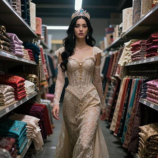 Photorealistic image of a dark-haired woman in an intricate, beige lace gown and tiara, walking down a brightly lit, cluttered fabric store
