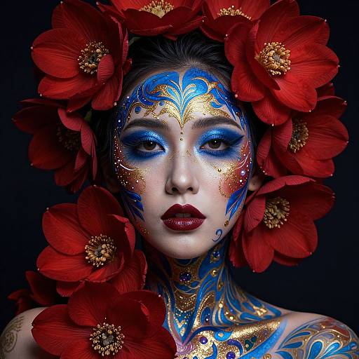 Photograph of a woman with blue and gold body paint, red flower crown, dark lipstick, and striking blue eye shadow against a black background.