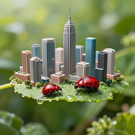 Miniature Metropolis on Dewy Leaf
