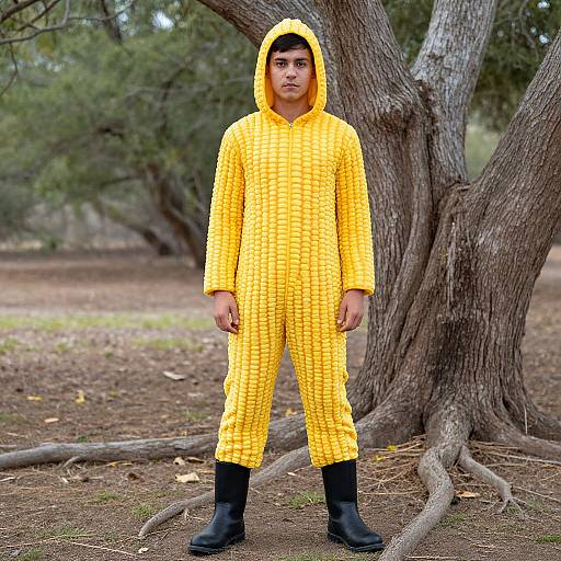 Photograph of a young man with medium brown skin, black hair, wearing a yellow checkered hooded onesie, black boots, standing in a