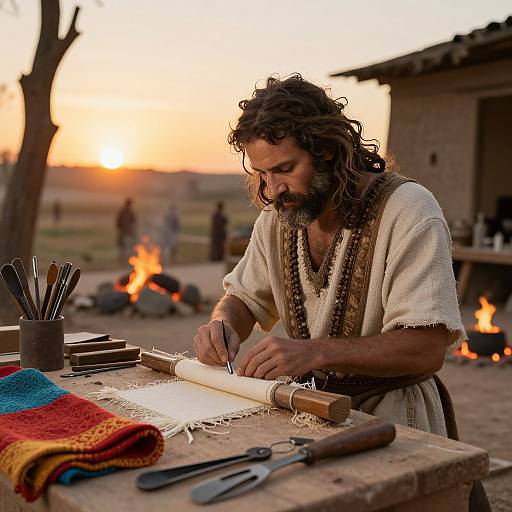 Photograph of a bearded, long-haired man weaving at a wooden table during sunset, surrounded by campfires, tools, and colorful fabric.