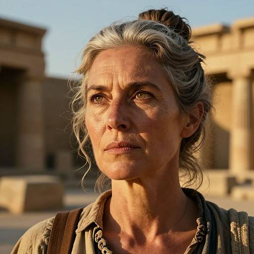 Photograph of a middle-aged woman with gray hair, sunlit, wearing a rustic outfit, standing in a sunlit ancient stone courtyard.
