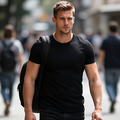 Photograph of a muscular, handsome Caucasian man with short brown hair, wearing a black t-shirt and backpack, walking in a blurred urban street scene.