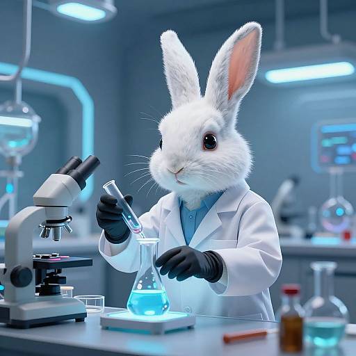 Photorealistic CGI of a white rabbit in a lab coat, black gloves, examining a glowing blue liquid in a beaker, using a microscope in